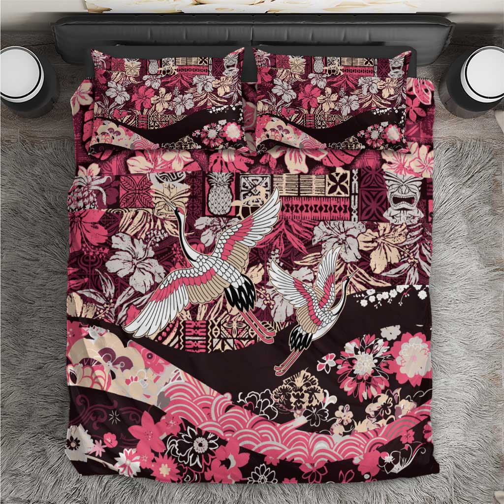 Japanese Hawaiian Crane Bedding Set Soft Pink Tapa Patchwork Pattern
