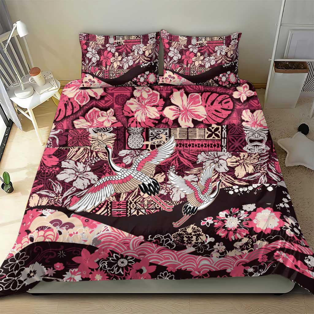 Japanese Hawaiian Crane Bedding Set Soft Pink Tapa Patchwork Pattern