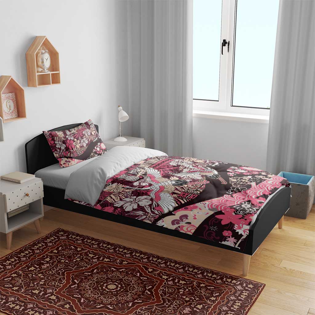 Japanese Hawaiian Crane Bedding Set Soft Pink Tapa Patchwork Pattern