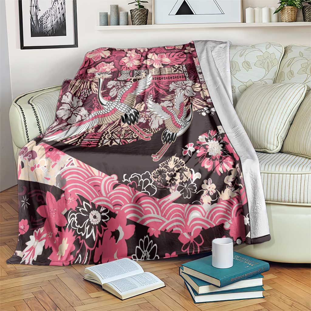 Japanese Hawaiian Crane Blanket Soft Pink Tapa Patchwork Pattern
