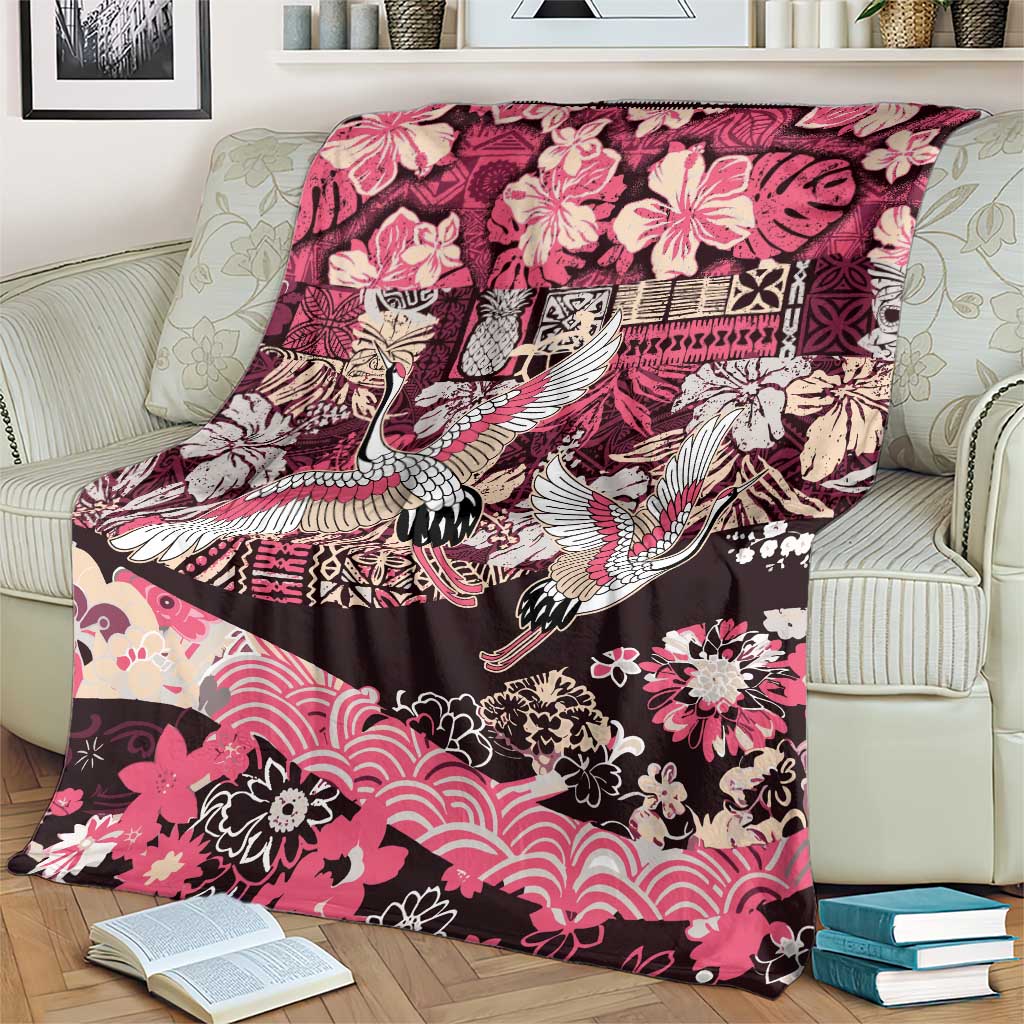 Japanese Hawaiian Crane Blanket Soft Pink Tapa Patchwork Pattern