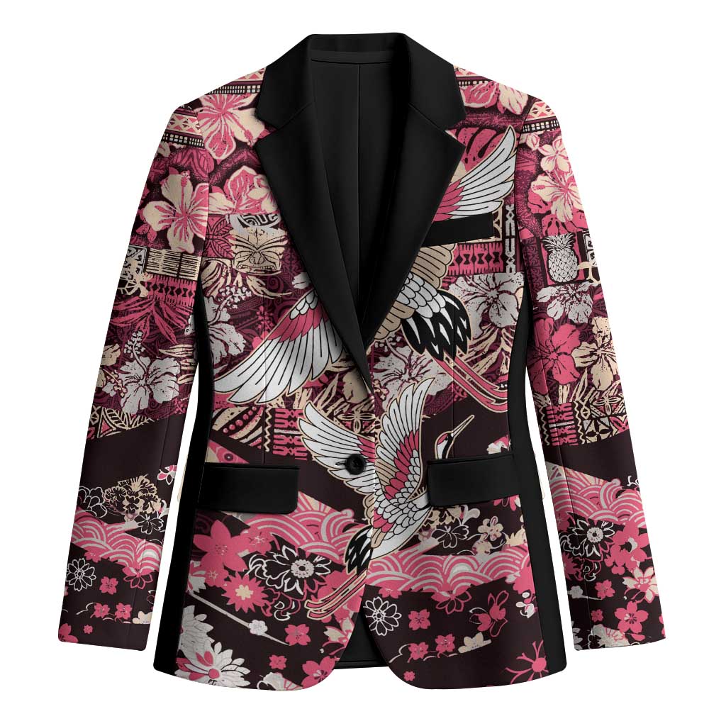 Japanese Hawaiian Crane Blazer Soft Pink Tapa Patchwork Pattern