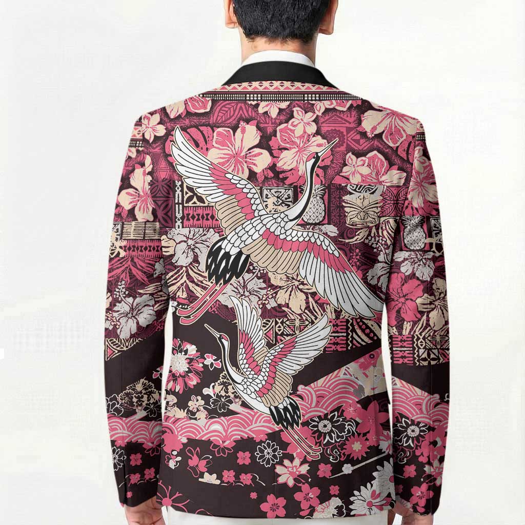 Japanese Hawaiian Crane Blazer Soft Pink Tapa Patchwork Pattern