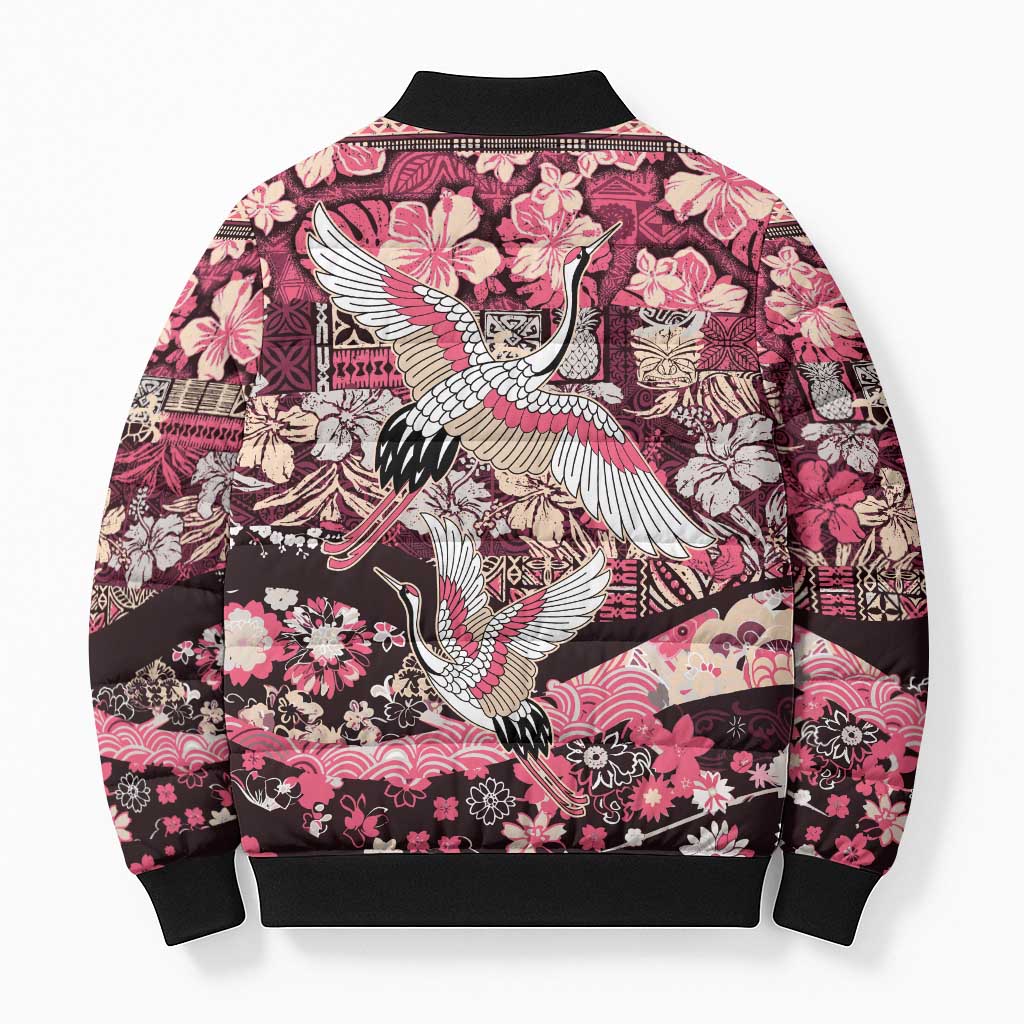 Japanese Hawaiian Crane Bomber Puffer Jacket Soft Pink Tapa Patchwork Pattern