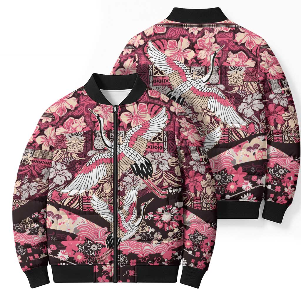 Japanese Hawaiian Crane Bomber Puffer Jacket Soft Pink Tapa Patchwork Pattern