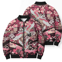 Japanese Hawaiian Crane Bomber Puffer Jacket Soft Pink Tapa Patchwork Pattern