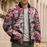 Japanese Hawaiian Crane Bomber Puffer Jacket Soft Pink Tapa Patchwork Pattern