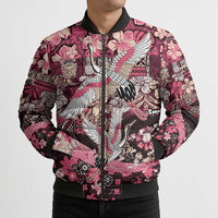 Japanese Hawaiian Crane Bomber Puffer Jacket Soft Pink Tapa Patchwork Pattern