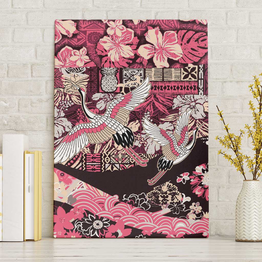 Japanese Hawaiian Crane Canvas Wall Art Soft Pink Tapa Patchwork Pattern