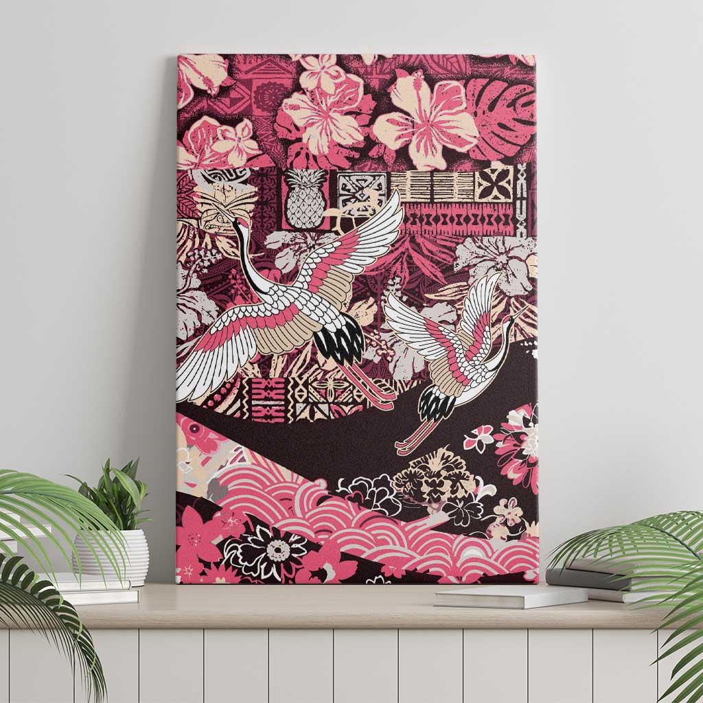 Japanese Hawaiian Crane Canvas Wall Art Soft Pink Tapa Patchwork Pattern