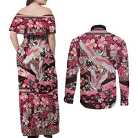 Japanese Hawaiian Crane Couples Matching Off Shoulder Maxi Dress and Long Sleeve Button Shirt Soft Pink Tapa Patchwork Pattern