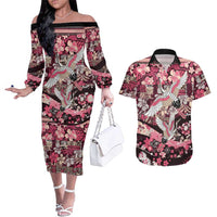 Japanese Hawaiian Crane Couples Matching Off The Shoulder Long Sleeve Dress and Hawaiian Shirt Soft Pink Tapa Patchwork Pattern