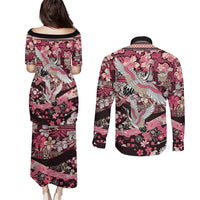 Japanese Hawaiian Crane Couples Matching Puletasi and Long Sleeve Button Shirt Soft Pink Tapa Patchwork Pattern