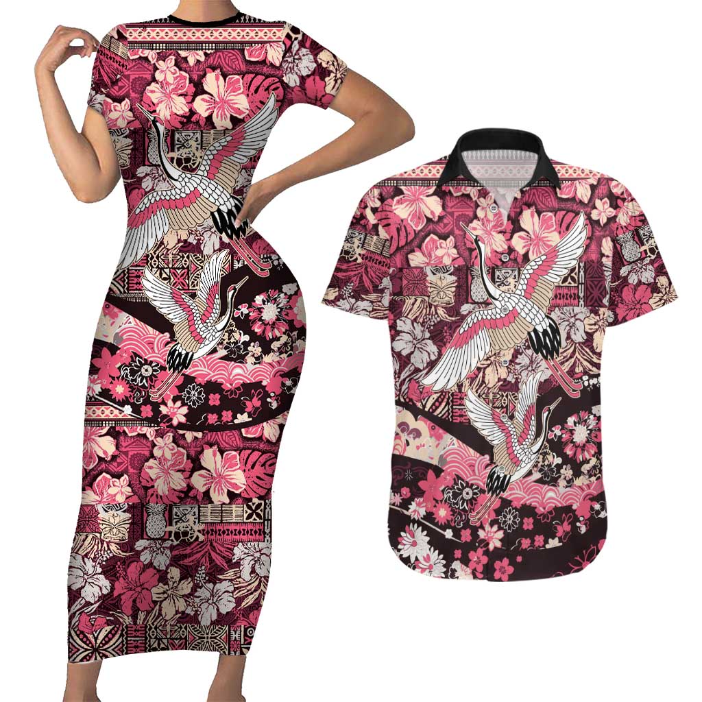 Japanese Hawaiian Crane Couples Matching Short Sleeve Bodycon Dress and Hawaiian Shirt Soft Pink Tapa Patchwork Pattern