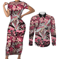 Japanese Hawaiian Crane Couples Matching Short Sleeve Bodycon Dress and Long Sleeve Button Shirt Soft Pink Tapa Patchwork Pattern