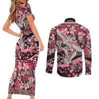 Japanese Hawaiian Crane Couples Matching Short Sleeve Bodycon Dress and Long Sleeve Button Shirt Soft Pink Tapa Patchwork Pattern
