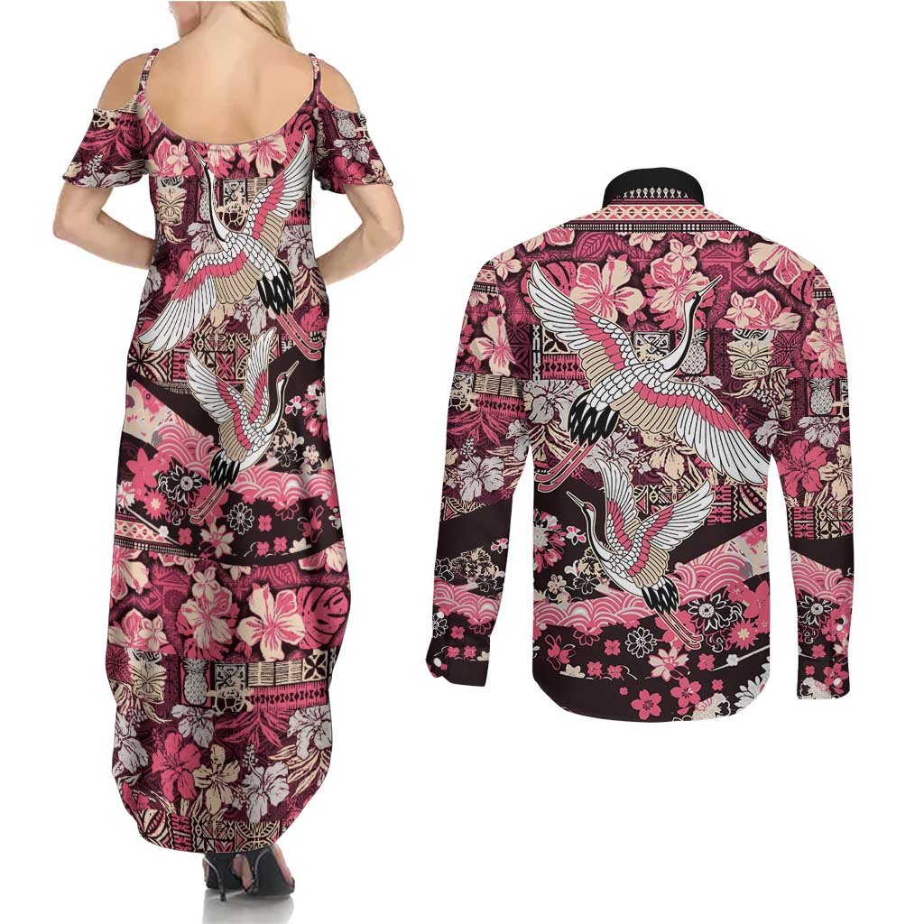 Japanese Hawaiian Crane Couples Matching Summer Maxi Dress and Long Sleeve Button Shirt Soft Pink Tapa Patchwork Pattern
