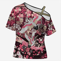Japanese Hawaiian Crane Cross Shoulder Shirt Soft Pink Tapa Patchwork Pattern