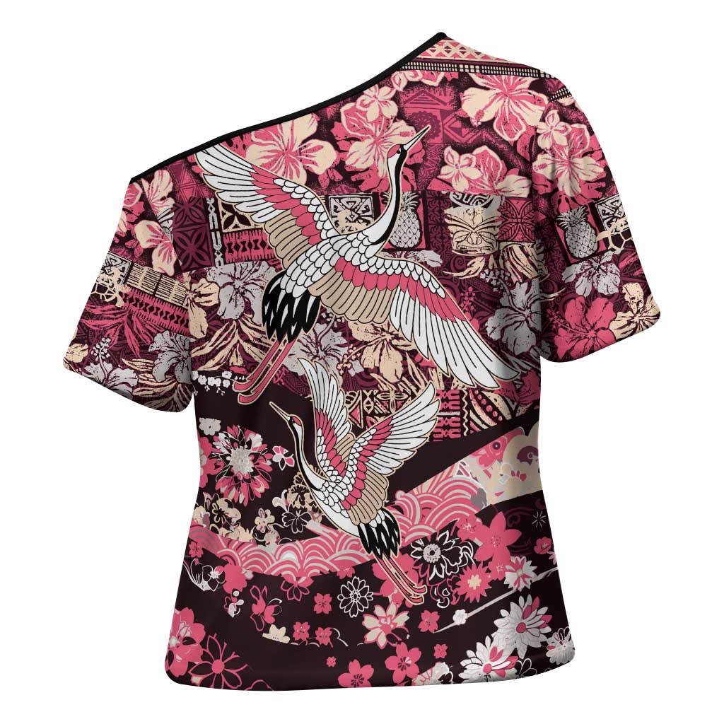 Japanese Hawaiian Crane Cross Shoulder Shirt Soft Pink Tapa Patchwork Pattern