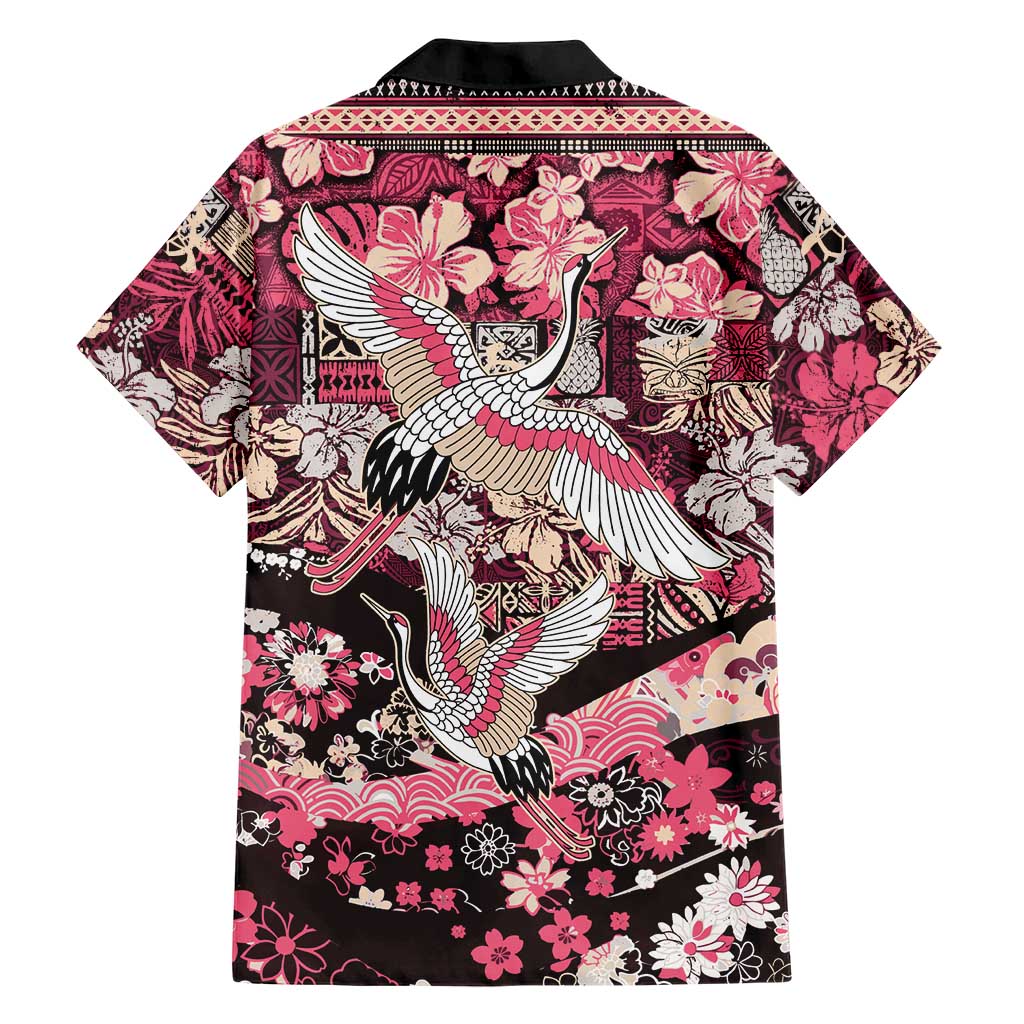 Japanese Hawaiian Crane Family Matching Long Sleeve Bodycon Dress and Hawaiian Shirt Soft Pink Tapa Patchwork Pattern