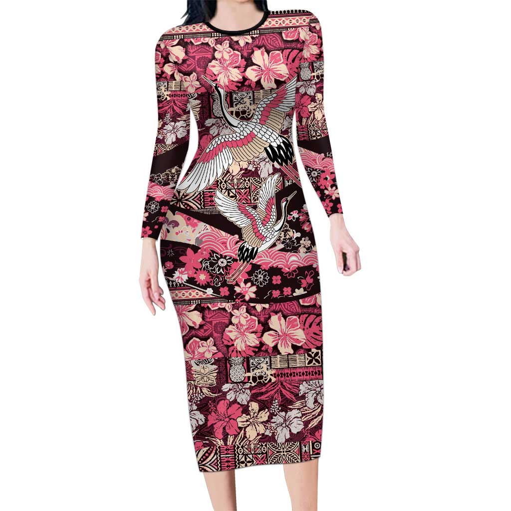 Japanese Hawaiian Crane Family Matching Long Sleeve Bodycon Dress and Hawaiian Shirt Soft Pink Tapa Patchwork Pattern