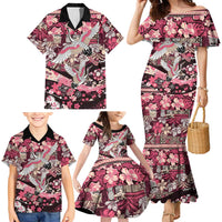 Japanese Hawaiian Crane Family Matching Mermaid Dress and Hawaiian Shirt Soft Pink Tapa Patchwork Pattern