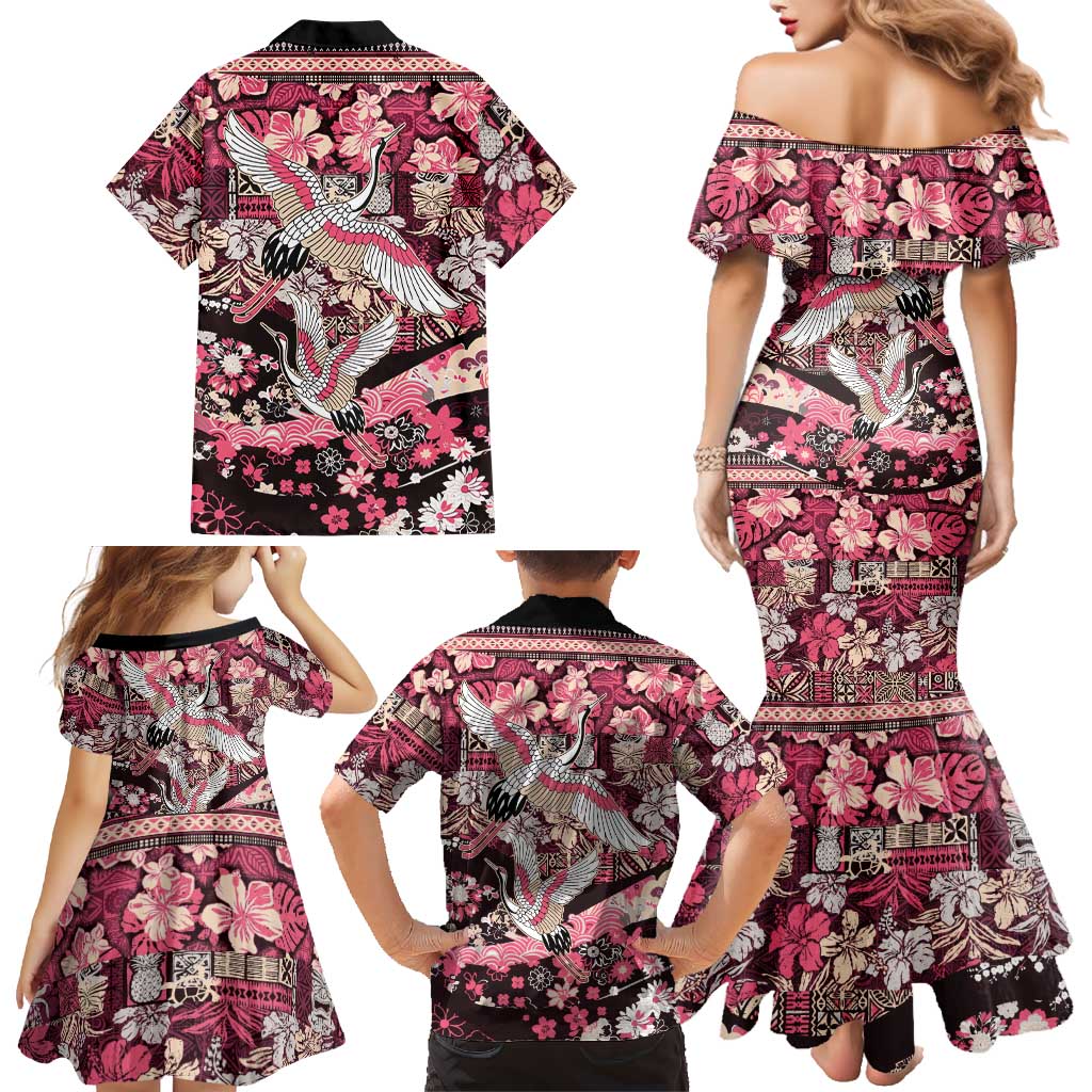 Japanese Hawaiian Crane Family Matching Mermaid Dress and Hawaiian Shirt Soft Pink Tapa Patchwork Pattern