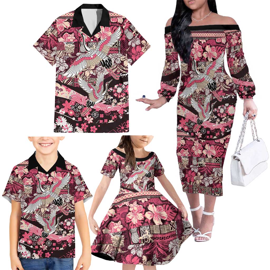 Japanese Hawaiian Crane Family Matching Off The Shoulder Long Sleeve Dress and Hawaiian Shirt Soft Pink Tapa Patchwork Pattern