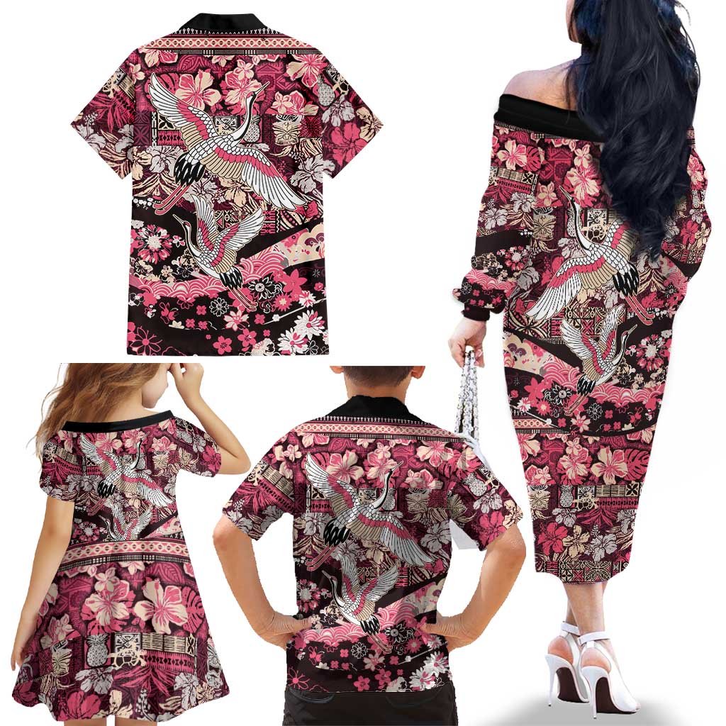 Japanese Hawaiian Crane Family Matching Off The Shoulder Long Sleeve Dress and Hawaiian Shirt Soft Pink Tapa Patchwork Pattern