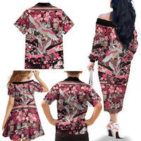 Japanese Hawaiian Crane Family Matching Off The Shoulder Long Sleeve Dress and Hawaiian Shirt Soft Pink Tapa Patchwork Pattern