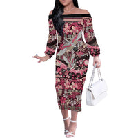 Japanese Hawaiian Crane Family Matching Off The Shoulder Long Sleeve Dress and Hawaiian Shirt Soft Pink Tapa Patchwork Pattern