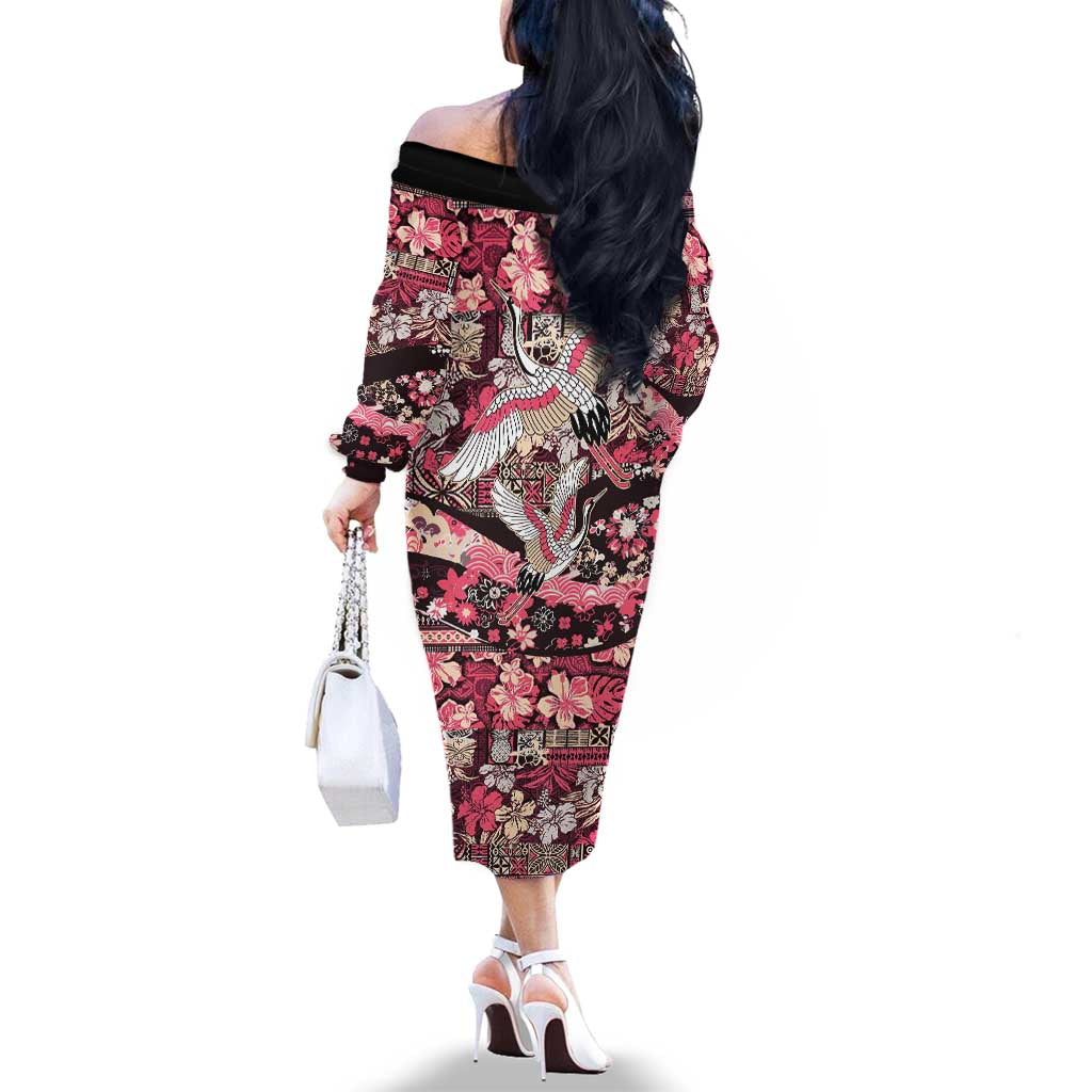 Japanese Hawaiian Crane Family Matching Off The Shoulder Long Sleeve Dress and Hawaiian Shirt Soft Pink Tapa Patchwork Pattern