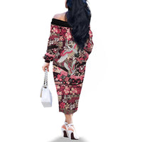 Japanese Hawaiian Crane Family Matching Off The Shoulder Long Sleeve Dress and Hawaiian Shirt Soft Pink Tapa Patchwork Pattern
