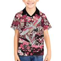 Japanese Hawaiian Crane Family Matching Off The Shoulder Long Sleeve Dress and Hawaiian Shirt Soft Pink Tapa Patchwork Pattern