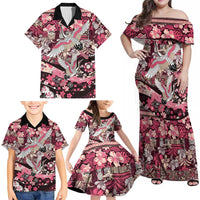 Japanese Hawaiian Crane Family Matching Off Shoulder Maxi Dress and Hawaiian Shirt Soft Pink Tapa Patchwork Pattern