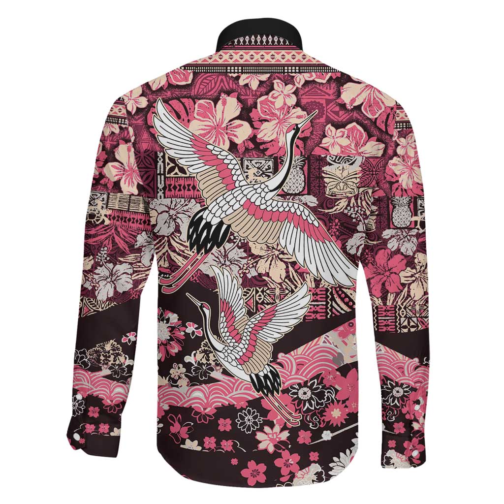 Japanese Hawaiian Crane Family Matching Off Shoulder Maxi Dress and Hawaiian Shirt Soft Pink Tapa Patchwork Pattern
