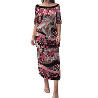 Japanese Hawaiian Crane Family Matching Puletasi and Hawaiian Shirt Soft Pink Tapa Patchwork Pattern