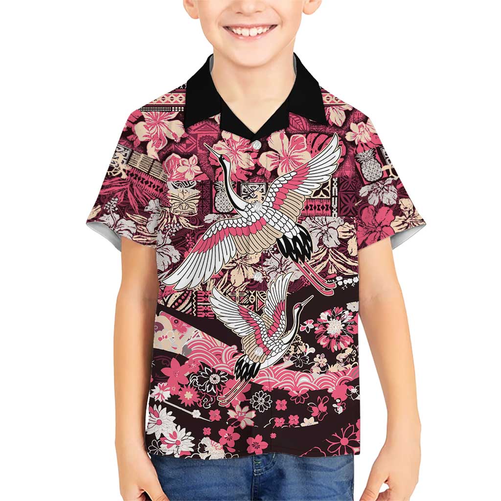Japanese Hawaiian Crane Family Matching Puletasi and Hawaiian Shirt Soft Pink Tapa Patchwork Pattern
