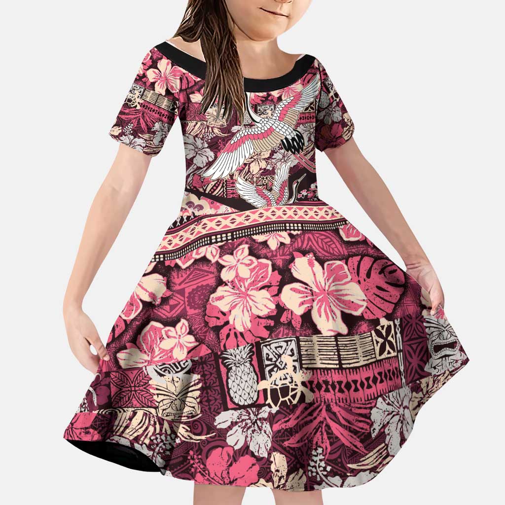 Japanese Hawaiian Crane Family Matching Short Sleeve Bodycon Dress and Hawaiian Shirt Soft Pink Tapa Patchwork Pattern