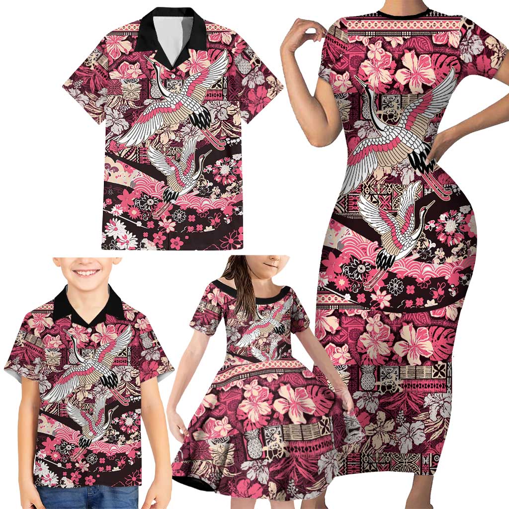 Japanese Hawaiian Crane Family Matching Short Sleeve Bodycon Dress and Hawaiian Shirt Soft Pink Tapa Patchwork Pattern