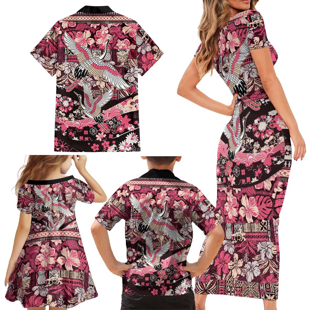 Japanese Hawaiian Crane Family Matching Short Sleeve Bodycon Dress and Hawaiian Shirt Soft Pink Tapa Patchwork Pattern