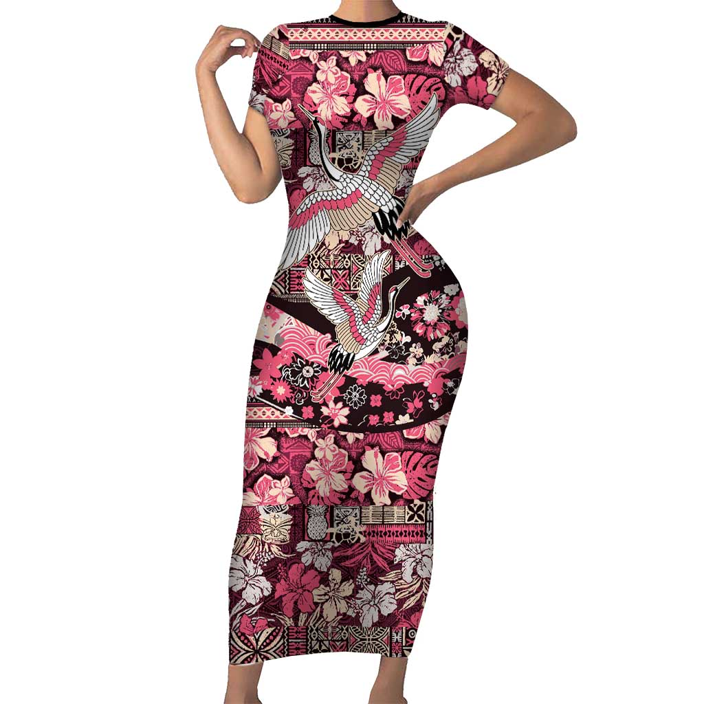 Japanese Hawaiian Crane Family Matching Short Sleeve Bodycon Dress and Hawaiian Shirt Soft Pink Tapa Patchwork Pattern