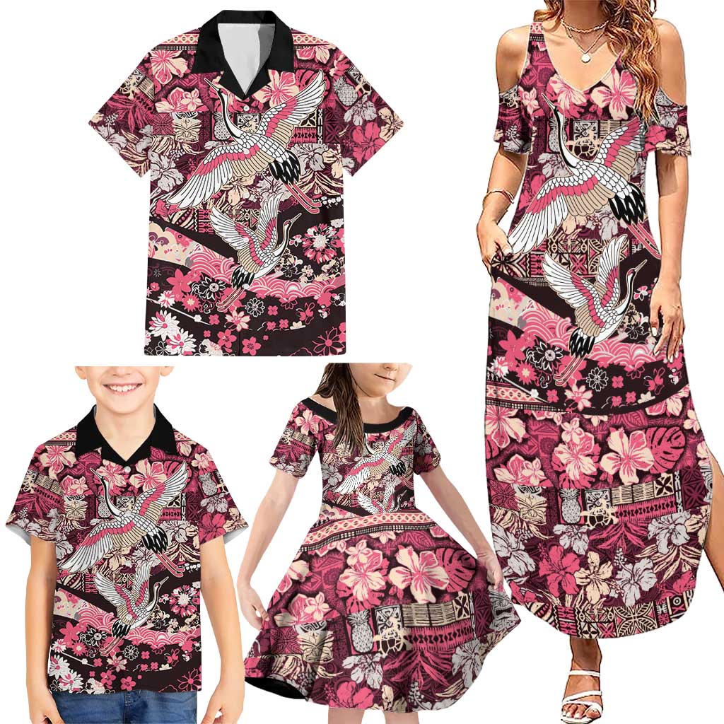Japanese Hawaiian Crane Family Matching Summer Maxi Dress and Hawaiian Shirt Soft Pink Tapa Patchwork Pattern