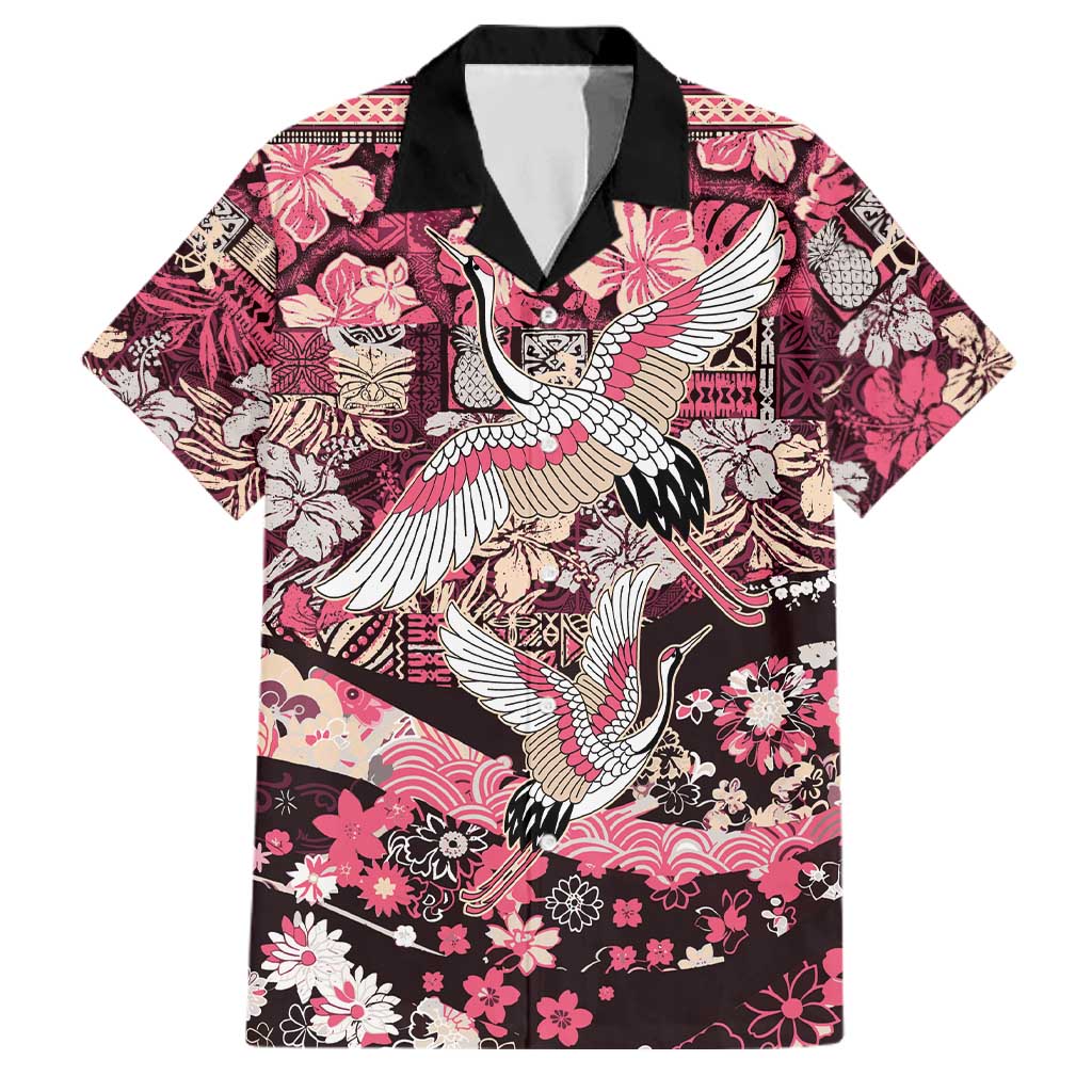 Japanese Hawaiian Crane Family Matching Summer Maxi Dress and Hawaiian Shirt Soft Pink Tapa Patchwork Pattern