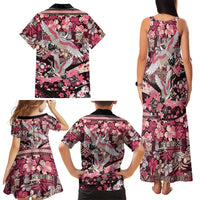 Japanese Hawaiian Crane Family Matching Tank Maxi Dress and Hawaiian Shirt Soft Pink Tapa Patchwork Pattern