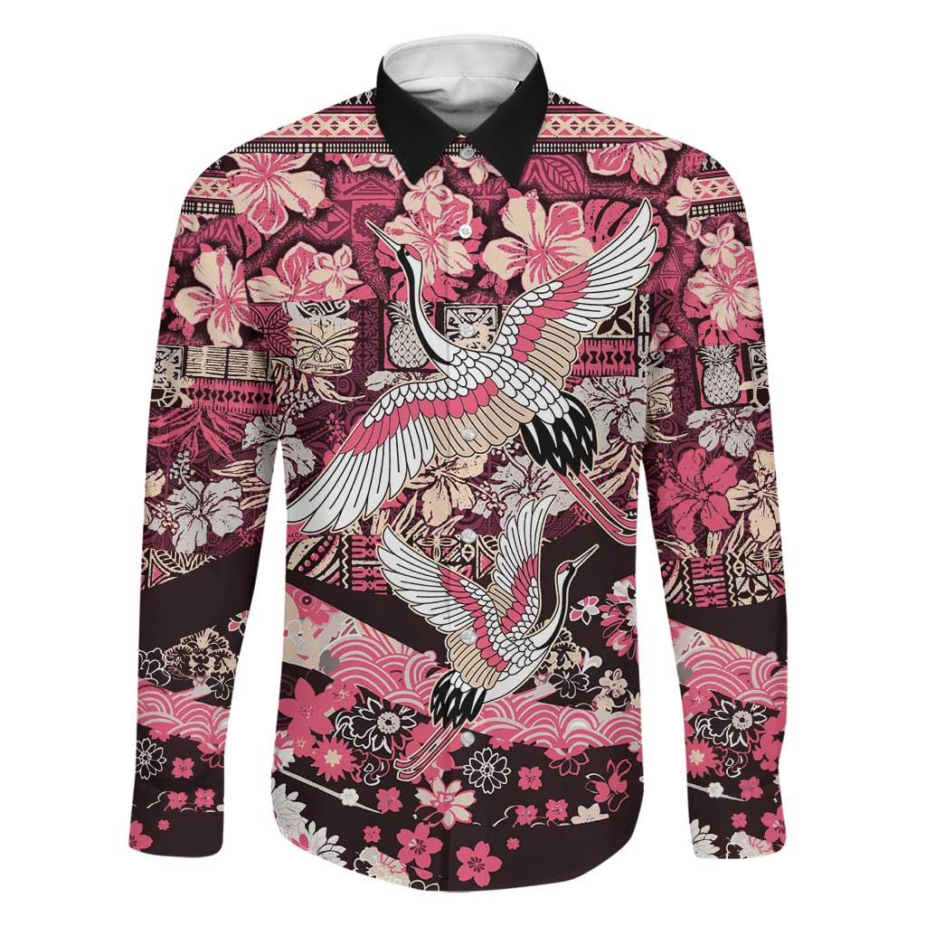 Japanese Hawaiian Crane Family Matching Tank Maxi Dress and Hawaiian Shirt Soft Pink Tapa Patchwork Pattern