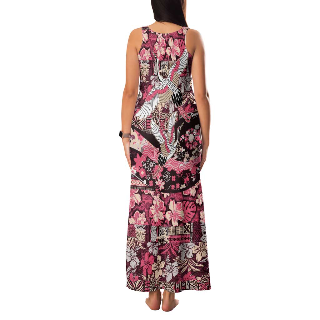 Japanese Hawaiian Crane Family Matching Tank Maxi Dress and Hawaiian Shirt Soft Pink Tapa Patchwork Pattern