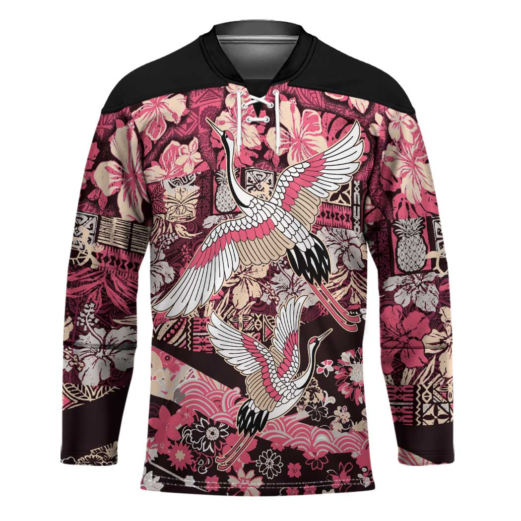 Japanese Hawaiian Crane Hockey Jersey Soft Pink Tapa Patchwork Pattern