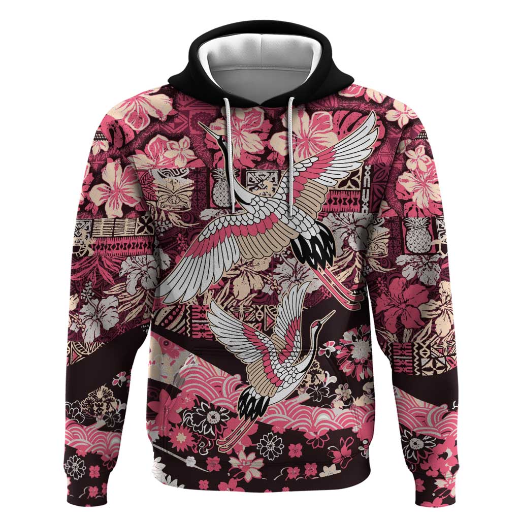 Japanese Hawaiian Crane Hoodie Soft Pink Tapa Patchwork Pattern