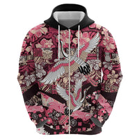 Japanese Hawaiian Crane Hoodie Soft Pink Tapa Patchwork Pattern